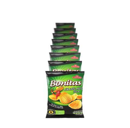 Хрупкав картофен чипс Бонитас с чили в пакетче от тридесет грама на лента - осем броя.