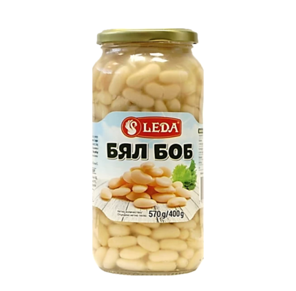 Готов за употреба сварен бял боб Leda в стъклен буркан от 570 грама