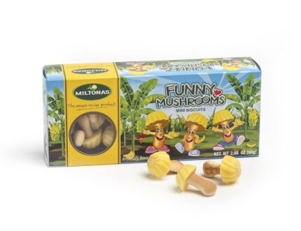 Мини бисквити Милтонас в формата на гъбки с вкус на банан. Кутия-60гр.