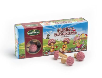 Мини бисквити Милтонас в формата на гъбки с вкус на ягода. Кутия-60гр.