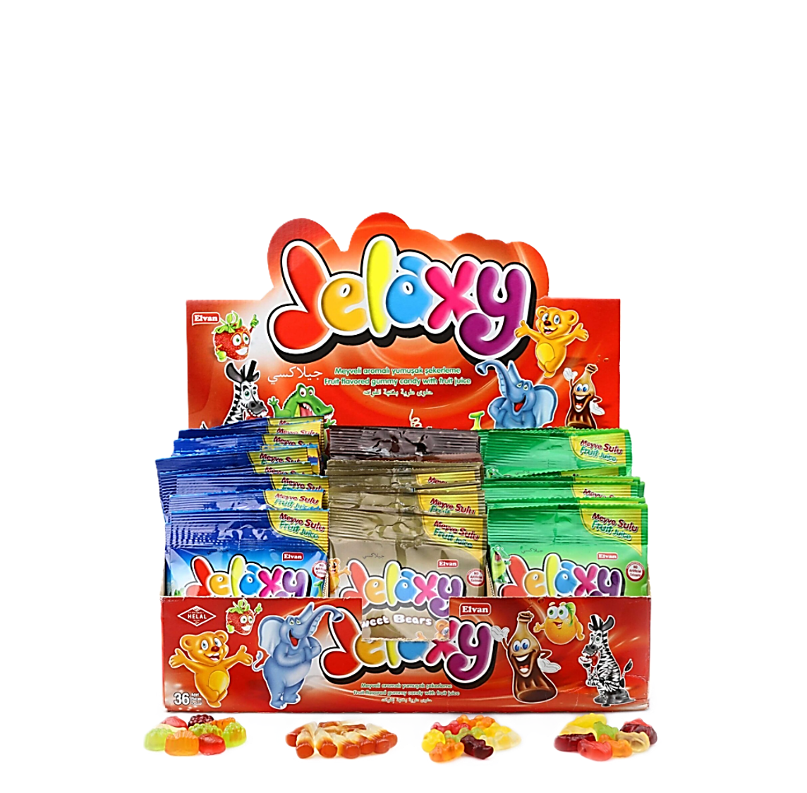 ELVAN JELAXY 36h20 Кутия с 36 пакетчета разнообразни по форма и вкус желирани бонбони Джелакси на Елван