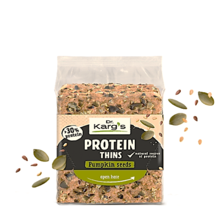 Прозрачен пакет с тънки пълнозърнести филийки и тиквено семе DR.KARG'S PROTEIN THINS PUMPKIN SEEDS 150гр в MakSuit