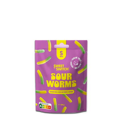 Лилав пакет с кисели веган желирани бонбони червеи без захар SWEET SWITCH SOUR WORMS 100гр в MakSuit
